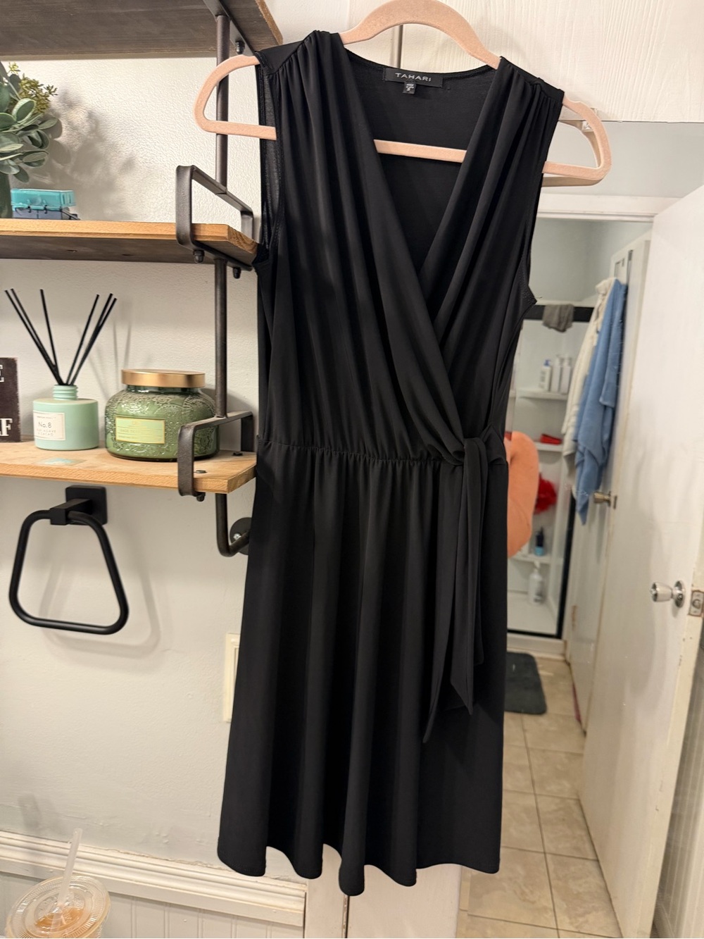 Tahari Black Sleeveless Faux-Wrap Midi Dress with Side Tie